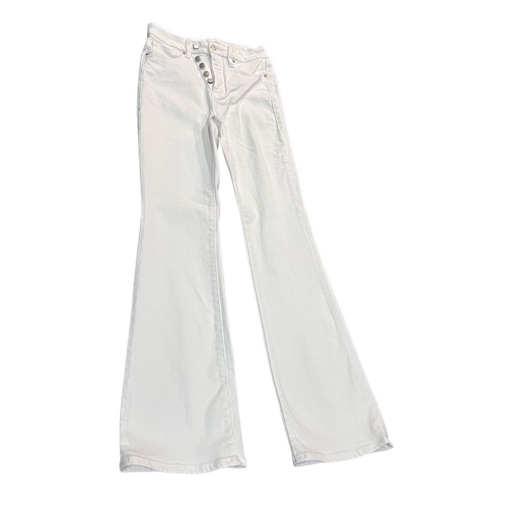 Good American Button Fly Waist Cinched White Flared Leg Bell Bottom Jeans Size 2